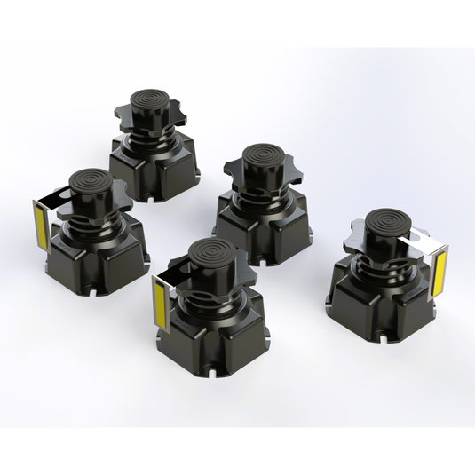 Set of five black adjustable shower tray plinth legs with yellow label accents on white background