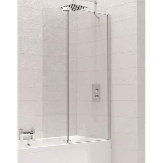 Modern bathroom with glass shower screen, rainfall shower, and white tiled walls over a bathtub