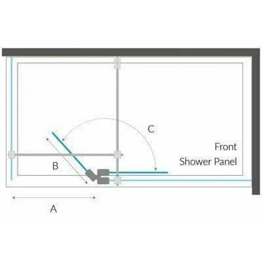Diagram of a fold-away shower deflector panel installed on a front shower panel