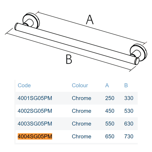 Lakes Series 400 Holding Handle - 650mm - Chrome - 4004SG05PM