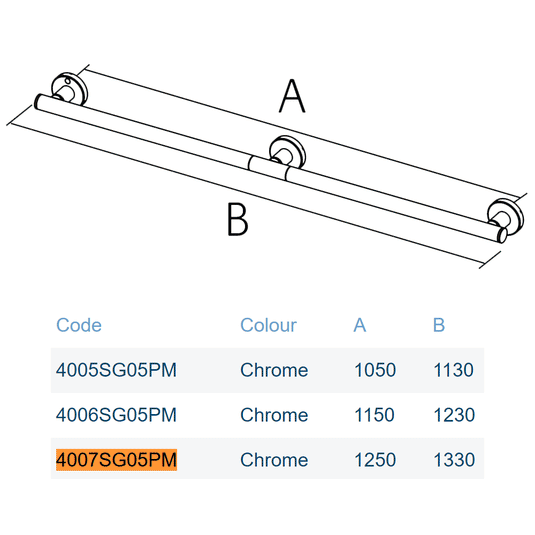 Lakes Series 400 Wall Rail - 1250 x 1330mm - Chrome - 4007SG05PM