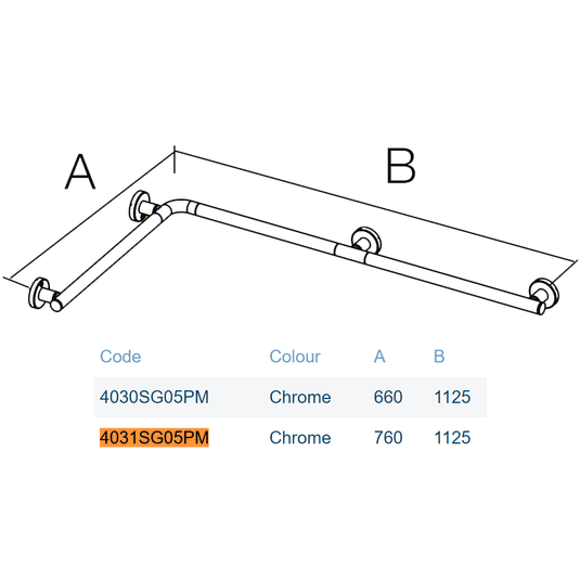 Lakes Series 400 Double Shower Handrail - 750 x 1125mm - Chrome - 4031SG05PM