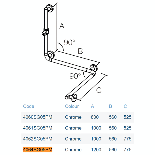Lakes Series 400 Wall Handrail - 1200 x 560 x 775mm - Chrome - 4064SG05PM