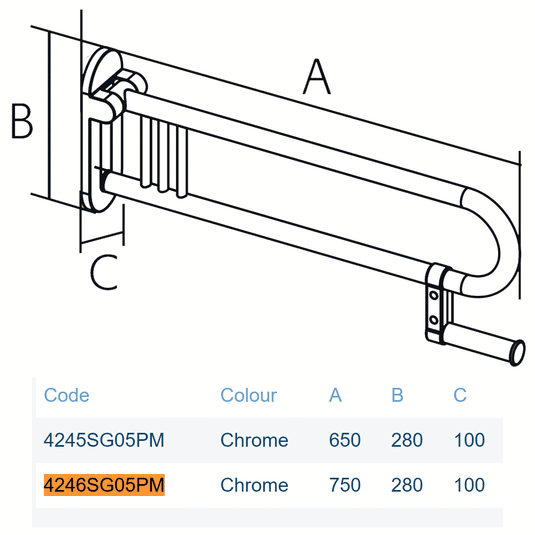 Lakes Series 400 Folding Handle with Paper Holder - 750mm - Chrome - 4246SG05PM