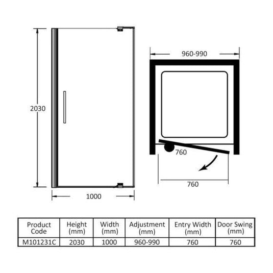 Merlyn 10 Series 1000mm Pivot Shower Door - Chrome - M101231C - Envy Bathrooms Ltd