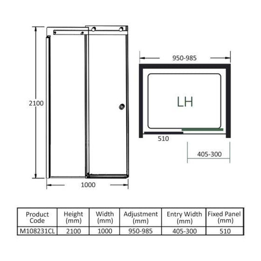 Merlyn 10 Series 1000mm Sliding Shower Door - Left Hand - Chrome - M108231CL - Envy Bathrooms Ltd