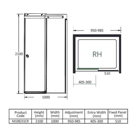 Merlyn 10 Series 1000mm Sliding Shower Door Right Hand - Chrome - M108231CR - Envy Bathrooms Ltd