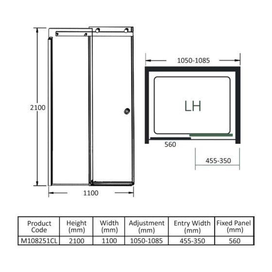 Merlyn 10 Series 1100mm Sliding Shower Door Left Hand - Chrome - M108251CL - Envy Bathrooms Ltd