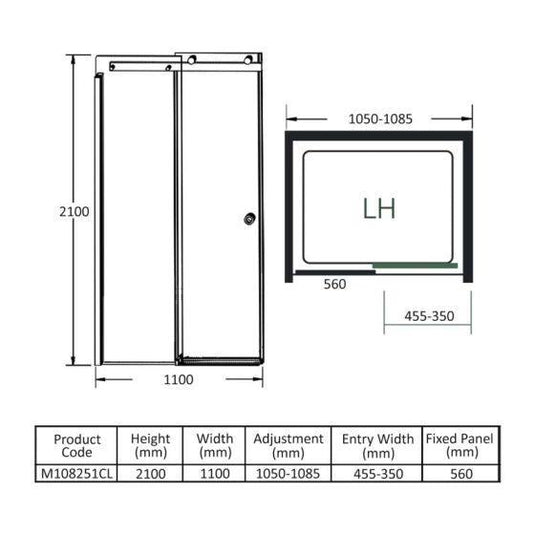 Merlyn 10 Series 1100mm Sliding Shower Door Left Hand - Chrome - M108251CL - Envy Bathrooms Ltd