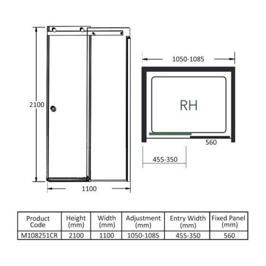 Merlyn 10 Series 1100mm Sliding Shower Door Right Hand - Chrome - M108251CR - Envy Bathrooms Ltd