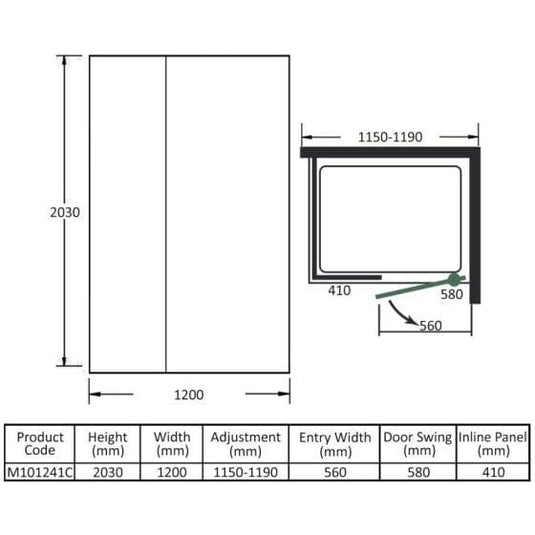 Merlyn 10 Series 1200mm Pivot Shower Door & Inline Panel - Chrome - M101241C - Envy Bathrooms Ltd