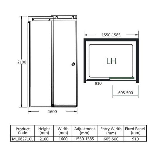 Merlyn 10 Series 1600mm Sliding Shower Door Left Hand - Chrome - M108271CL - Envy Bathrooms Ltd