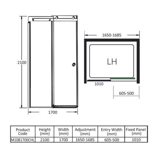 Merlyn 10 Series 1700mm Sliding Shower Door Left Hand - Chrome - M1081700CHL - Envy Bathrooms Ltd