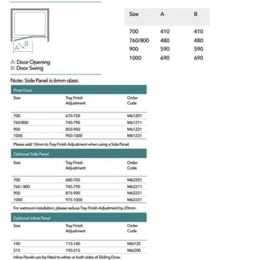 Merlyn 6 Series Pivot Shower Door and Inline Panel - 700mm Shower Door 785-860mm - M61201P1H - Envy Bathrooms Ltd