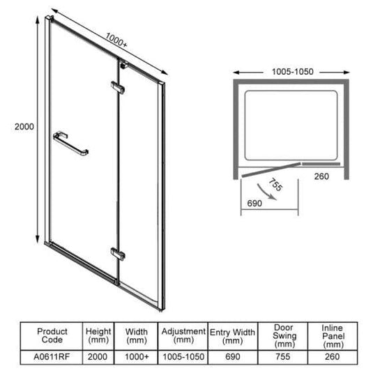 Merlyn 8 Series 1000+mm Frameless Hinge & Inline Shower Door - Chrome - A0611RF - Envy Bathrooms Ltd