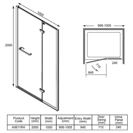 Merlyn 8 Series 1000mm Frameless Hinge & Inline Recess Shower Door - Chrome - A0611RH - Envy Bathrooms Ltd