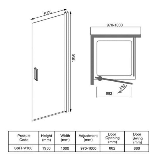 Merlyn 8 Series 1000mm Frameless Pivot Shower Door - Chrome - S8FPV100 - Envy Bathrooms Ltd