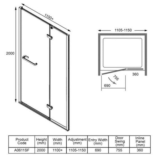 Merlyn 8 Series 1100+mm Frameless Hinge & Inline Shower Door - A0611SF - Envy Bathrooms Ltd