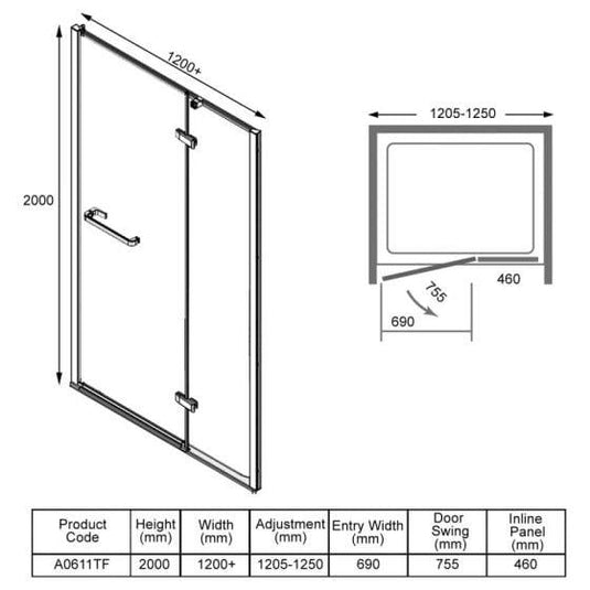 Merlyn 8 Series 1200+mm Frameless Hinge & Inline Shower Door - Chrome - A0611TF - Envy Bathrooms Ltd