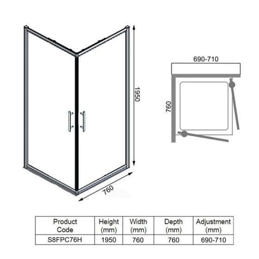 Merlyn 8 Series 760 x 760mm Frameless Double Pivot Shower Wall - Chrome - S8FPC76H - Envy Bathrooms Ltd