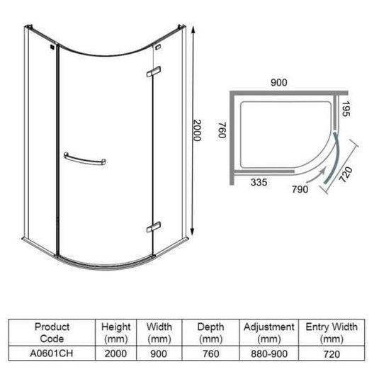 Merlyn 8 Series 900 x 760mm Frameless 1 Door Offset Quadrant Shower Enclosure - Chrome - A0601CH - Envy Bathrooms Ltd