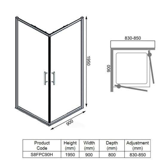 Merlyn 8 Series 900 x 900mm Frameless Double Pivot Shower Wall - Chrome - S8FPC90H - Envy Bathrooms Ltd