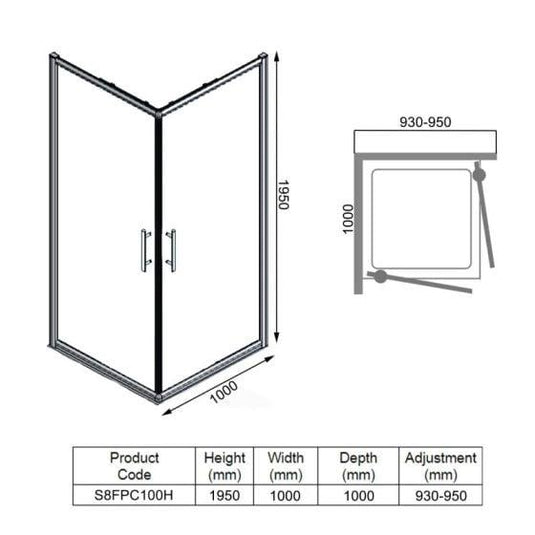 Merlyn 8 Series Frameless Double Pivot Shower Wall 1000 x 1000mm - S8FPC100H - Envy Bathrooms Ltd
