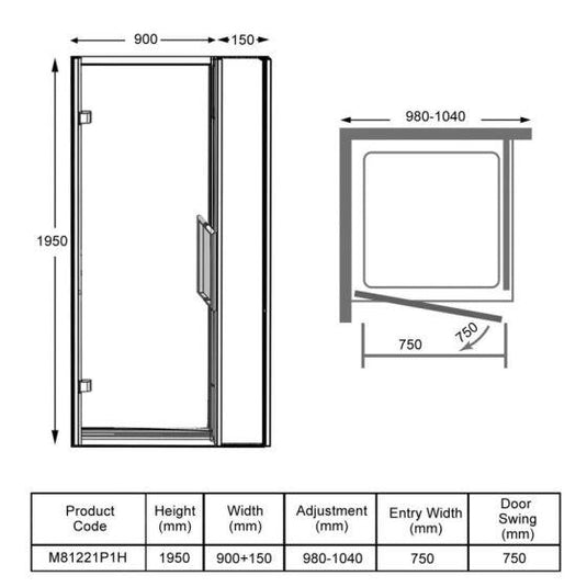 Merlyn 8 Series Hinge and Inline Panel 1000mm+ Wide - 980-1040mm - M81221P1H - Envy Bathrooms Ltd