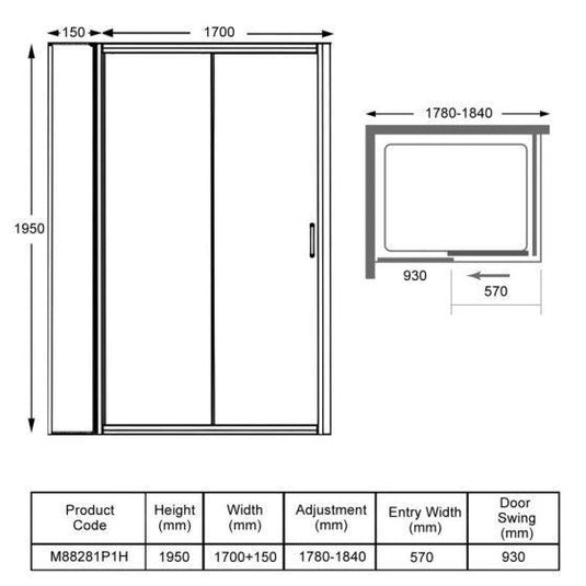 Merlyn 8 Series Sliding Shower Door and Inline Panel 1800mm+ Wide - 1780-1840mm - M88281P1H - Envy Bathrooms Ltd