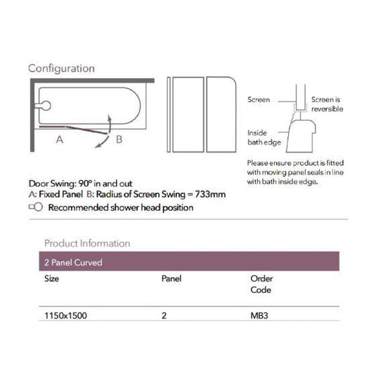 Merlyn Ionic 1150 x 1500mm 2 Panel Curved Bath Screen - MB3 - Envy Bathrooms Ltd