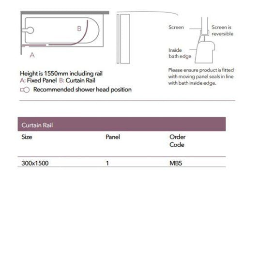 Merlyn Ionic 300 x 1500mm Curtain Rail Bath Screen - MB5 - Envy Bathrooms Ltd