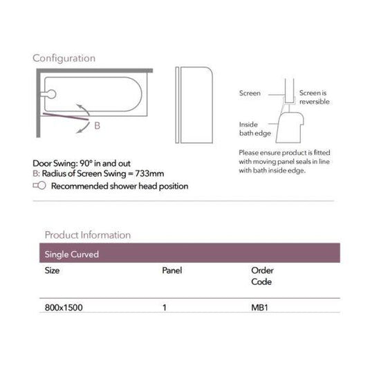 Merlyn Ionic 800 x 1500mm Single Curved Bath Screen - MB1 - Envy Bathrooms Ltd