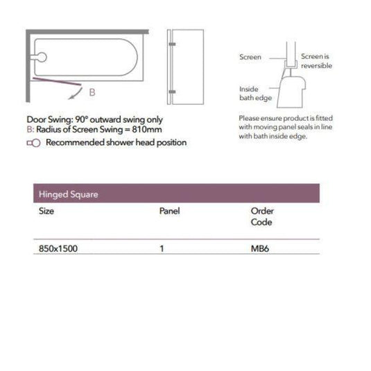 Merlyn Ionic 850 x 1500mm Hinged Square Bath Screen - MB6 - Envy Bathrooms Ltd
