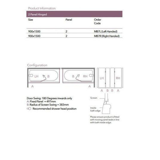 Merlyn Ionic 900 x 1500mm 2 Panel Hinged Bath Screen (RH) - MB7R - Envy Bathrooms Ltd