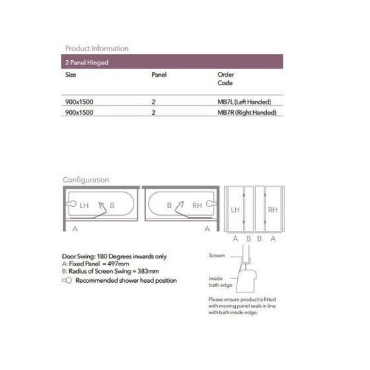 Merlyn Ionic 900 x 1500mm Bath Screen 2 Panel Left Hand Hinged Screen - MB7L - Envy Bathrooms Ltd