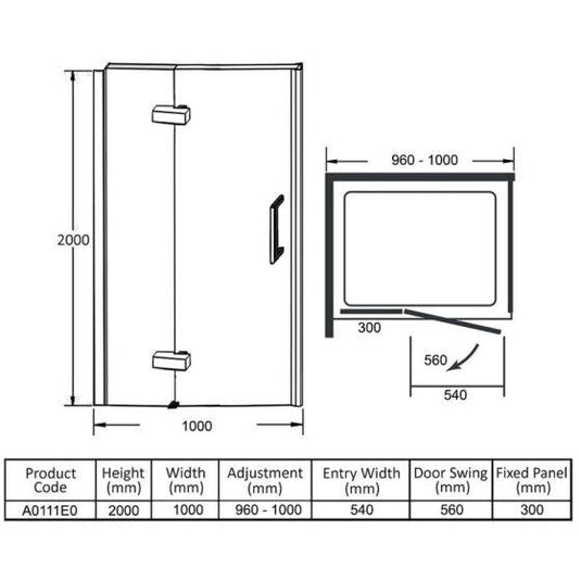 Merlyn Ionic Essence 1000mm Frameless Hinge Recess Shower Door & Inline Panel - Chrome - A0111E0 - Envy Bathrooms Ltd