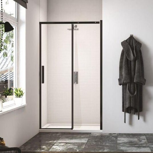 Merlyn Ionic Essence Frameless 1400mm Sliding Shower Door - Black - BLKFSL1400H - Envy Bathrooms Ltd