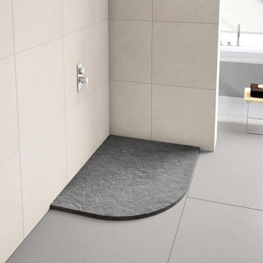 Merlyn Truestone 1200 x 900mm Offset Quadrant Shower Tray with Waste (LH) - Fossil Grey - T129HFL - Envy Bathrooms Ltd