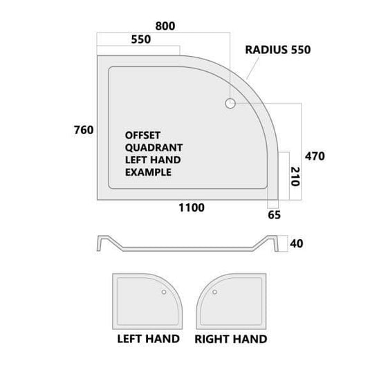 MX Elements 1100 x 760mm Low Profile Offset Quadrant Shower Tray (RH) - White - Envy Bathrooms Ltd