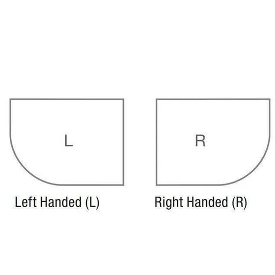Diagram comparing left handed and right handed offset quadrant shower tray shapes