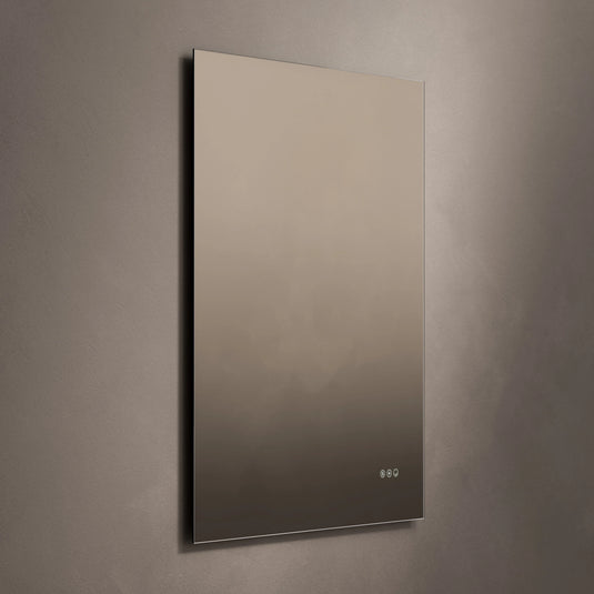 Rectangular wall-mounted bathroom mirror with touch controls on a neutral background