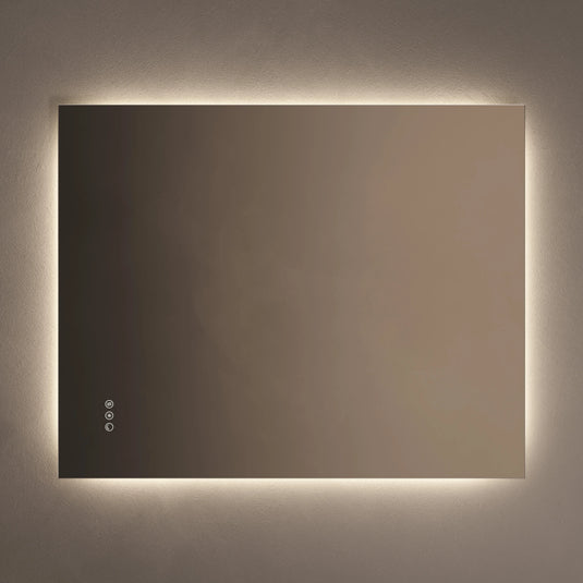 Rectangular LED bathroom mirror with touch controls and soft backlit glow on a plain wall