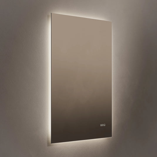 Rectangular bathroom mirror with LED backlight and touch controls, wall-mounted