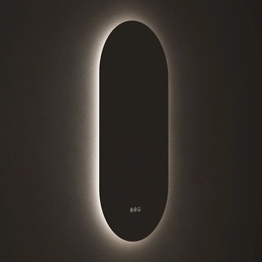 Modern capsule LED bathroom mirror on dark wall with soft backlighting