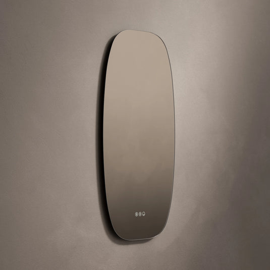 Modern oval bathroom mirror with touch sensor on taupe wall