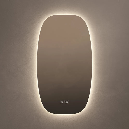 Modern oval bathroom mirror with LED backlight and touch controls on a neutral wall