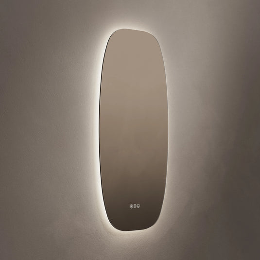 Oval bathroom LED mirror with touch controls and soft backlit glow, wall mounted