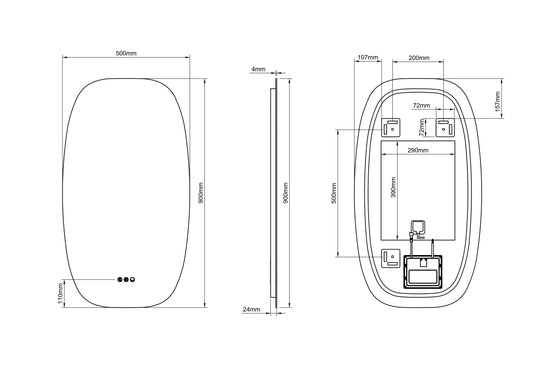 Technical drawing of an oval bathroom mirror, 50x90cm, with front, side, and rear dimensions.