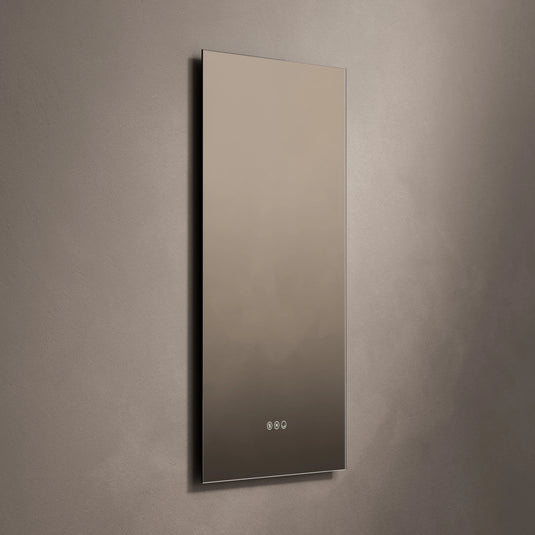 Rectangular bathroom mirror with touch controls, mounted on a beige wall