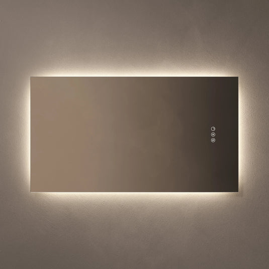 Rectangular bathroom mirror with LED backlighting and touch controls on a neutral wall
